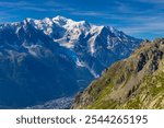 Mont Blanc, Monte Bianco mountain summit snow dome above the Chamonix valley in France. Highest peak in Europe in the Alps, alpice scenic view of Montblanc