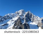 Mont Blanc mountain view from piste in Courmayeur ski resort. Italian Alps, Aosta Valley. Monte Bianco in Italy.