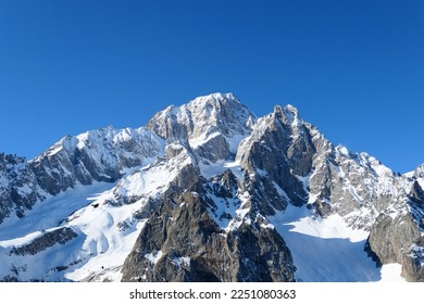 Mont Blanc mountain view from piste in Courmayeur ski resort. Italian Alps, Aosta Valley. Monte Bianco in Italy.