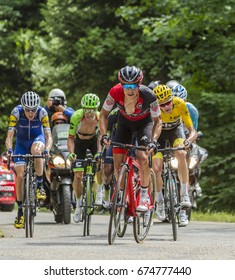 MONT DU CHAT, FRANCE- JUL 9:  The cyclist Richie Porte of BMC Team leads the Yellow Jersey (Christopher Froome) group climbing the road on Mont du Chat during the stage 9 of Tour de France 2017. 