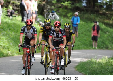 MONT DU CHAT, FRANCE - JUNE 9:  Riders Ascend The HC Category Climb In Stage 6 Of The Critérium Du Dauphiné On June 9, 2017 On The Mont Du Chat, France.