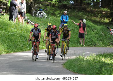 MONT DU CHAT, FRANCE - JUNE 9:  Riders Ascend The HC Category Climb In Stage 6 Of The Critérium Du Dauphiné On June 9, 2017 On The Mont Du Chat, France.