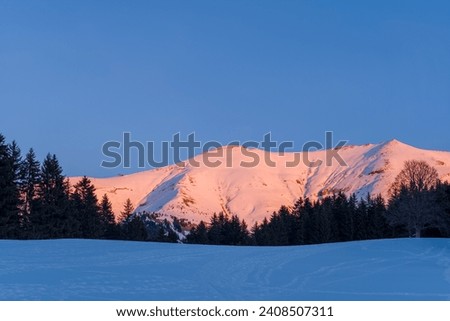 Mont Joly at sunset in Europe, France, Rhone Alpes, Savoie, Alps, winter.