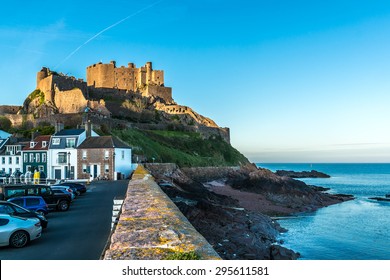 Mont Orgueil Castle (Gorey Castle, built 1204 - 1450) in the small town of Gorey at sunset. Jersey, UK.