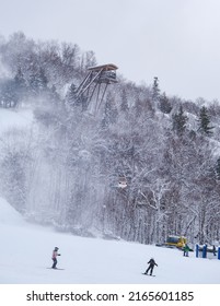 Mont Tremblant, Qc, Canada - January 18th 2021: Skiier Descending The Ski Slopes At Tremblant Ski Resort In Quebec (Canada) With Snow Covered Pine Trees In The Background