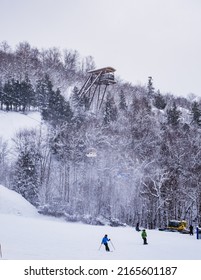 Mont Tremblant, Qc, Canada - January 18th 2021: Skiier Descending The Ski Slopes At Tremblant Ski Resort In Quebec (Canada) With Snow Covered Pine Trees In The Background