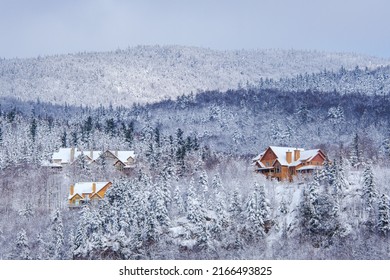 Mont Tremblant, Qc, Canada - January 18th 2021: View On The Roofs Of Chalet And Cabins, Surrounding By Pine Trees Covered With Snow, Near Tremblant Ski Resort, On A Snowy And Cold Day In Quebec