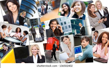 Montage Of Beautiful Successful Businesswomen Or Woman Working In The City In Business Meetings Using Cell Phones, Tablet Computers & Laptop Computers.