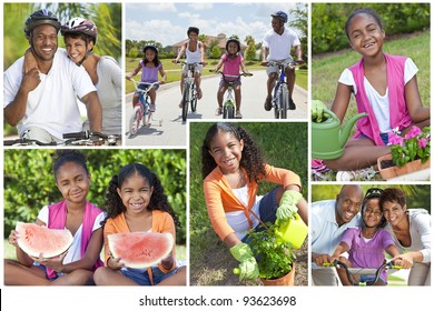 Montage Of Fit, Happy And Healthy African American Family Eating, Gardening And Cycling Together