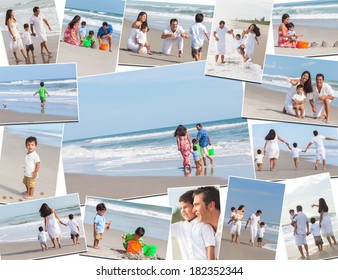 Montage Of A Happy Hispanic Family, Parents And Two Children Boys Enjoying A Holiday Vacation At The Beach, Playing And Walking By The Sea