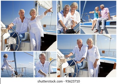 Montage Of Healthy Retired Couple Sailing Aboard Their Luxury Yacht Or Sail Boat