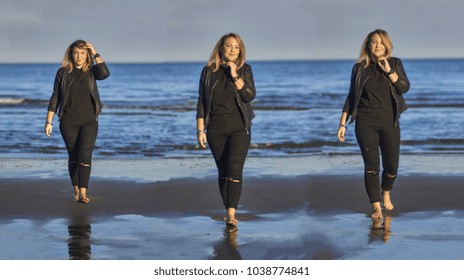 Montage Of Images Containing The Photo Of A Blonde Girl Walking On The Beach In Three Different Moments.