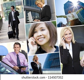 Montage Of Interracial Business Group Men & Women, Businessmen And Businesswomen Team Outdoors Using Cell Phones, Laptop And Tablet Computers