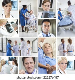 Montage of interracial medical people, men and women, doctors and nurses team in hospital caring for elderly senior old patients and analyzing x-rays