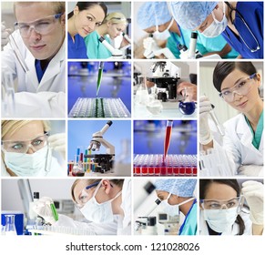 Montage Of A Medical Or Scientific Research Team Men And Women Using Microscopes And Looking At Test Tubes In A Laboratory