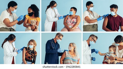 Montage Of A People Getting Covid Vaccine. Composite Image Of Diverse People Receiving Coronavirus Vaccination From Frontline Workers. All Wearing Protective Face Masks.