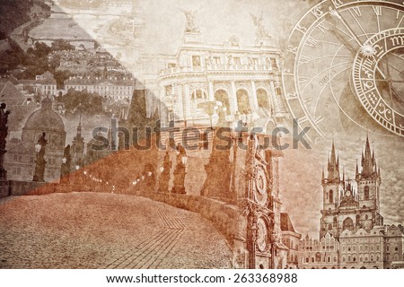 montage photo of Prag on vintage paper