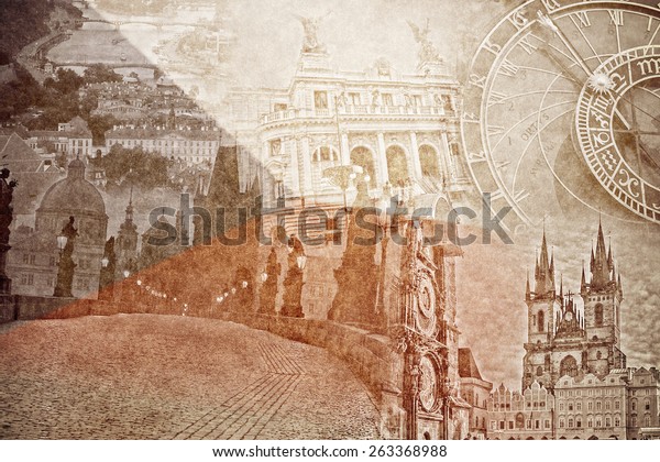 montage photo of Prag on\
vintage paper