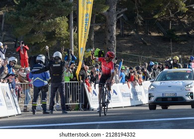 Montagne De Lure, France - 13-02-2022: Nairo Quintana (team Arkea Samsic) Seen With The Winner Trophy On The Podium.
