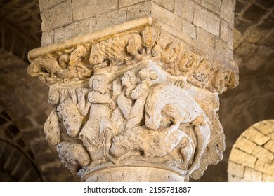 MONTALCINO, ITALY - CIRCA AUGUST 2020: Daniel in lions den, column capital in Sant'Antimo Abbey, Tuscany, Italy
