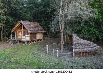 Montalto Dora, Piedmont, Italy - October 26, 2019: Village of the Neolithic Period reconstructed on Lake Pistono, one of the glacial lakes originated after the last ice age at the foot of the Alps.