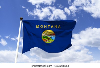 Montana flag mockup in the wind. as a symbol. Flag of the state of Montana, in the state of USA. Motto: gold and silver, largest city: Billings, Capital: Helena. Located in the Rocky Mountains region.