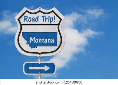 Montana Road Trip Highway Sign, Montana Map And Text Road Trip On A Highway Sign With Sky Background 3D Illustration