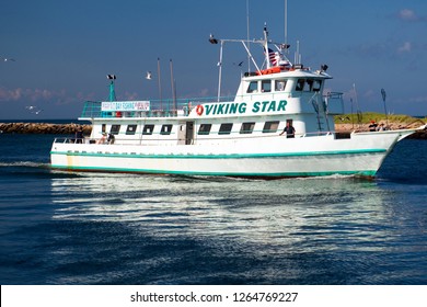 MONTAUK, NEW YORK-AUGUST 14: The Fishing Party Charter Boat Viking Star Is Seen Entering Montauk Harbor In Montauk, New York, Long Island In The Hamptons On August 14, 2018.