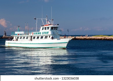 MONTAUK, NEW YORK-AUGUST 14: The Fishing Party Charter Boat Viking Star Is Seen Entering Montauk Harbor In Montauk, New York, Long Island In The Hamptons On August 14, 2018.