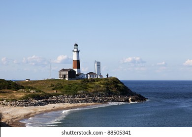 Montauk Point Lighthouse and beach from the cliffs of Camp Hero. Montauk Point, Long Island, New York