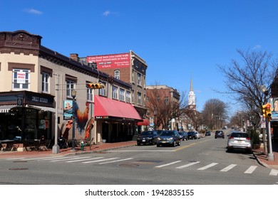 Montclair, New Jersey, USA - March 7, 2021: Streetscape of Park Street in downtown Montclair