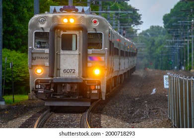 Montclair, NJ USA - 6 29 2021 New Jersey Transit Train Approaching From Walnut Street Station