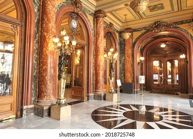 Monte Carlo, Monaco - 01 May, 2019: Famous Monte Carlo Casino Entrance Hall Interior.