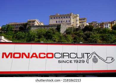 Monte Carlo, Monaco - 07 20 2022 : Monaco Circuit Text Sign And Brand Logo Of Car Formula On Race Automobile Grand Prix 