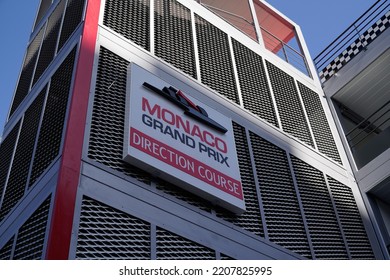 Monte Carlo, Monaco - 09 27 2022 : Monaco Direction Course Circuit Text Sign And Brand Logo Of Car Formula On Race Automobile Grand Prix