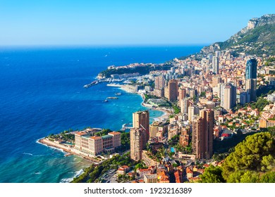 Monte Carlo, Monaco aerial panoramic view. Monaco is a country on the French Riviera near France in Europe.