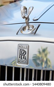 MONTE CARLO, MONACO - AUGUST 19, 2016: Rolls Royce Gray Luxury Car And Palm Tree Reflection In A Summer Day In Monte Carlo, Monaco.