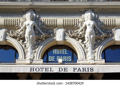 MONTE CARLO, MONACO - AUGUST 21, 2016: Hotel De Paris, Luxury Hotel Building, Sculpures Detail And Sign In A Summer Day In Monte Carlo, Monaco.