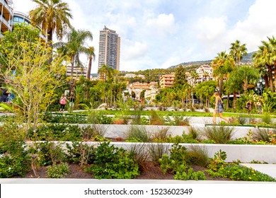 MONTE CARLO, MONACO - September 23, 2019:  Garden And Fountains Near The Casino In Monte Carlo (Casino De Monte-Carlo); Iconic Casino, Ballet And Theater Complex