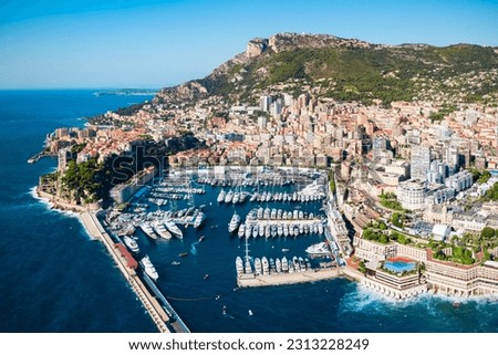 Monte Carlo port aerial panoramic view in  Monaco. Monaco is a country on the French Riviera near France in Europe.