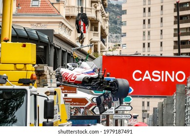 Monte Carlo, Principality Of Monaco. 22 May 2021. Formula 1 World Championship. Free Practice 3. The German Driver Mick Schumacher, Son Of Michael, Crashes Hard His Haas At Casinò Corner.