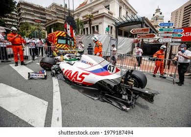 Monte Carlo, Principality Of Monaco. 22 May 2021. Formula 1 World Championship. Free Practice 3. The German Driver Mick Schumacher, Son Of Michael, Crashes Hard His Haas At Casinò Corner.