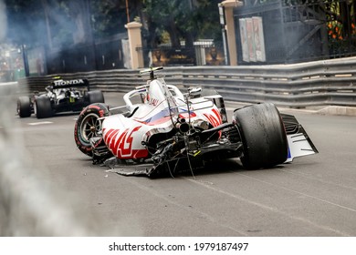 Monte Carlo, Principality Of Monaco. 22 May 2021. Formula 1 World Championship. Free Practice 3. The German Driver Mick Schumacher, Son Of Michael, Crashes Hard His Haas At Casinò Corner.