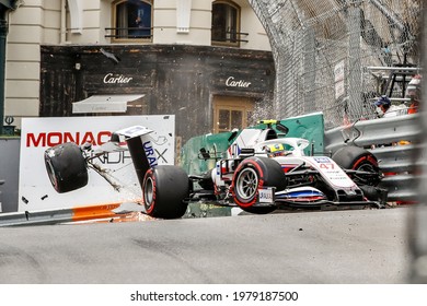 Monte Carlo, Principality Of Monaco. 22 May 2021. Formula 1 World Championship. Free Practice 3. The German Driver Mick Schumacher, Son Of Michael, Crashes Hard His Haas At Casinò Corner.