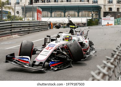 Monte Carlo, Principality Of Monaco. 22 May 2021. Formula 1 World Championship. Free Practice 3. The German Driver Mick Schumacher, Son Of Michael, Crashes Hard His Haas At Casinò Corner.