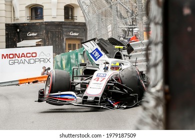 Monte Carlo, Principality Of Monaco. 22 May 2021. Formula 1 World Championship. Free Practice 3. The German Driver Mick Schumacher, Son Of Michael, Crashes Hard His Haas At Casinò Corner.