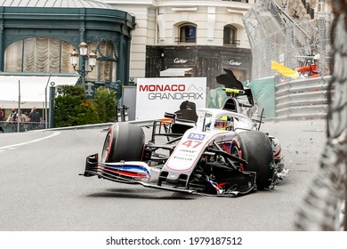 Monte Carlo, Principality Of Monaco. 22 May 2021. Formula 1 World Championship. Free Practice 3. The German Driver Mick Schumacher, Son Of Michael, Crashes Hard His Haas At Casinò Corner.