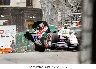 Monte Carlo, Principality Of Monaco. 22 May 2021. Formula 1 World Championship. Free Practice 3. The German Driver Mick Schumacher, Son Of Michael, Crashes Hard His Haas At Casinò Corner.