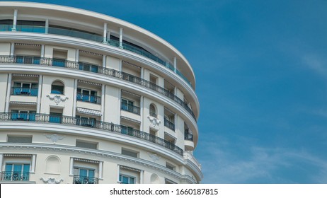 Monte Carlo With The View On The Top Facade Of Luxury Hotel De Paris Timelapse, Monaco. Close Up. Blue Cloudy Sky At Summer Day