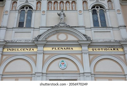 Monte Di Malo, VI, Italy - October 3, 2021: Church With Detail Of Facade Text That Means Daily Plenary Indulgence In Italian Language